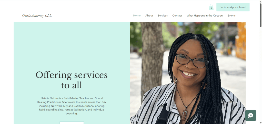 Home Page of a Website with a person smiling at the camera